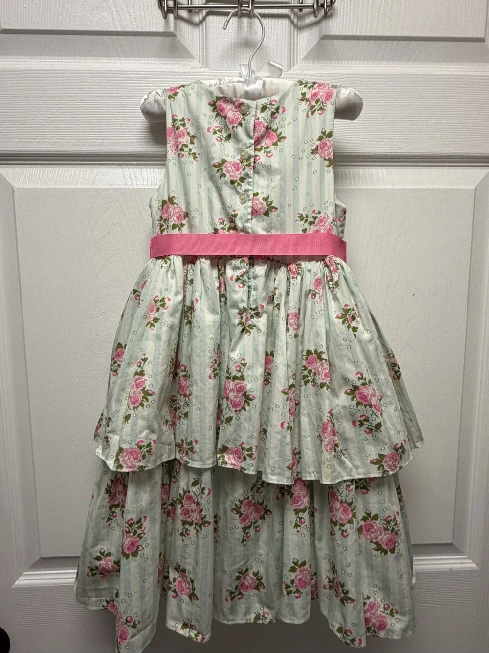 Laura Ashley Mint Floral Tiered Dress with Pink Sash - Picture 2 of 3